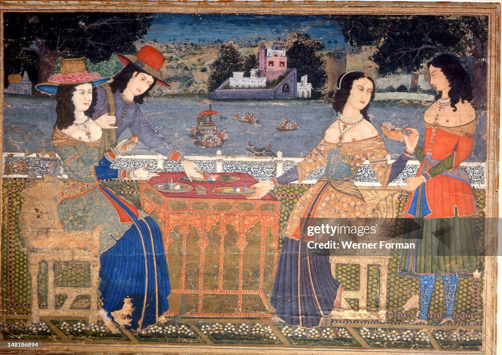 A painting showing European ladies wearing clothes made from Indian textiles