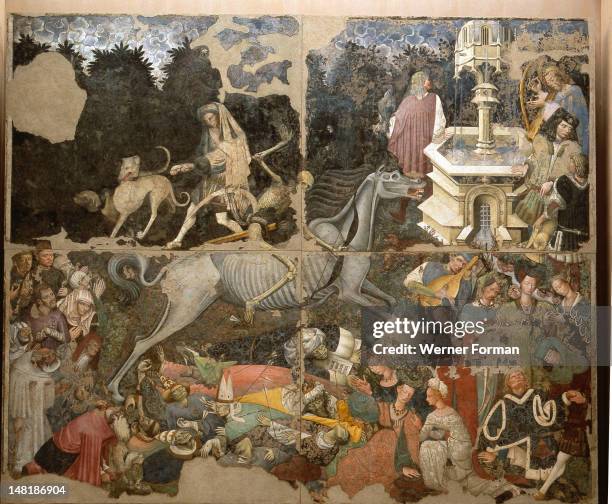 Fresco by an anonymous painter depicting 'The Triumph of Death', Death as a skeleton rides a skeletal horse and picks off his victims. Italy. 1445....