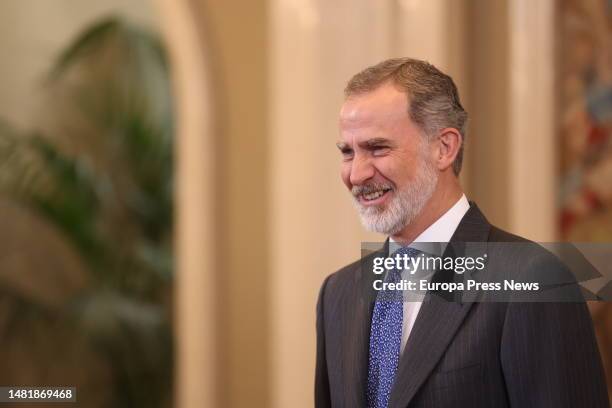 King Felipe VI on his arrival to receive in audience a representation of Real Jaen Club de Futbol, at the Zarzuela Palace, on 13 April, 2023 in...