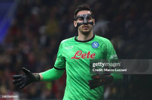 Alex Meret of SSC Napoli wears a protective face mask during the UEFA Champions League quarterfinal first leg match between AC Milan and SSC Napoli...