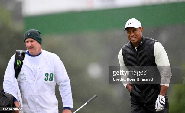 Tiger Woods of the USA walking up to the 18th green during the third round of the 2023 Masters Tournament at Augusta National Golf Club on April 08,...