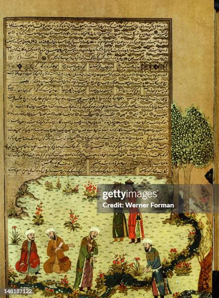 The introductory miniature to Ferdausi's 'Book of Kings' showing the unknown poet meeting the poets of the court of the sultan Mahmoud de Ghazna...