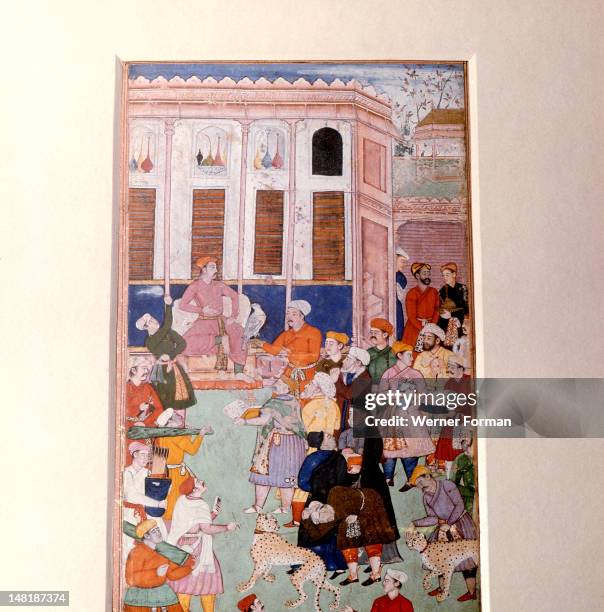 Akbar or Jahangir receiving gifts from guests, India. Moghul.