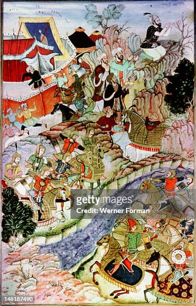 16th century illustration of a 14th century Persian story 'The History of the Mongols', Genghiz Khan prays to the sun in the Kipchak Steppe before...
