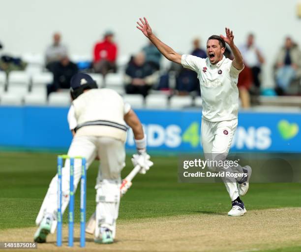 Chris Tremain of Northamptonshire celebrates after taking the wicket of Max Holden.during the LV= Insurance County Championship Division 1 match...