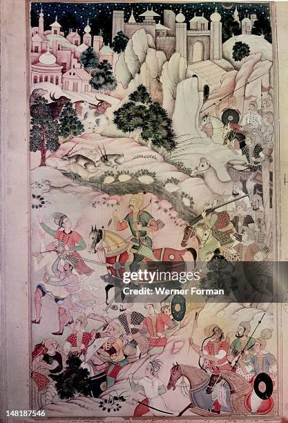 16th century illustration for a 14th century Persian story 'The History of the Mongols', Emir Hur Kudak at the head of an army ten thousand strong...
