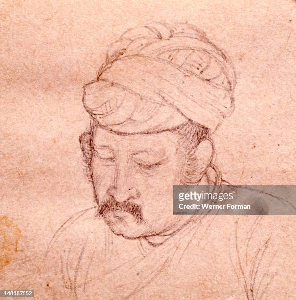An informal portrait sketch of Akbar the Great, son of Humayun, India. Moghal. Circa 1605.