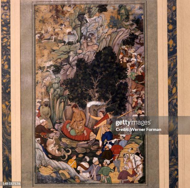 An illustration to a manuscript of Akbarnama, or 'The History of 'Akbar', Akbar's remorse on the hunting field. India. Moghal. Circa 1600.