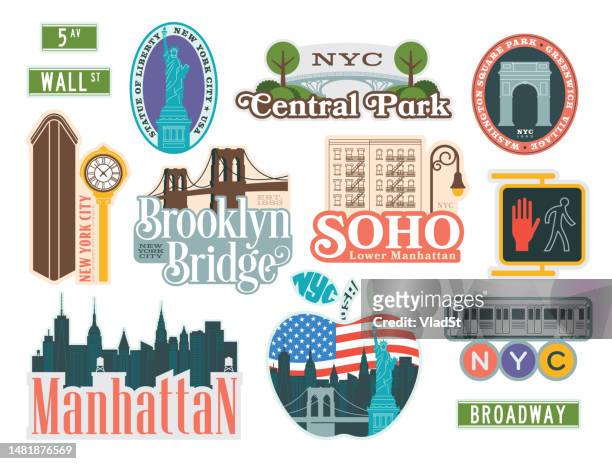 illustrations, cliparts, dessins animés et icônes de ensemble d’autocollants et de badges de voyage à new york - brooklyn bridge