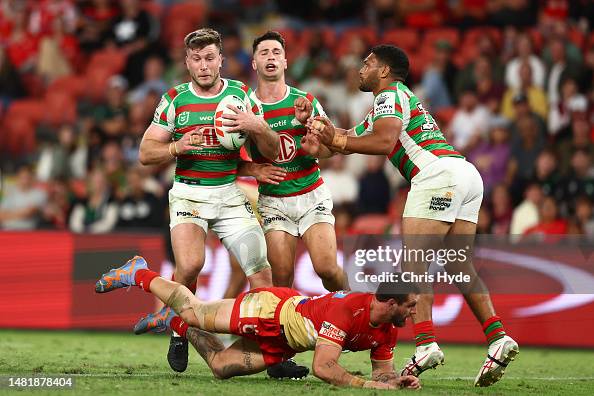 Jai Rabbithoes Jai Arrow of the Rabbitohs is tackled during the round seven NRL ...