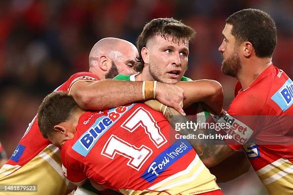 Jai Rabbithoes Jai Arrow of the Rabbitohs is tackled during the round seven NRL ...