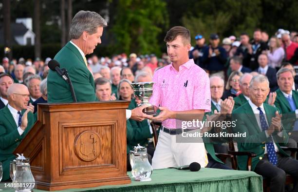 Augusta National chairman Fred Ridley presents the Silver Cup to amateur Sam Bennett of the United States after he won low-amateur of the 2023...