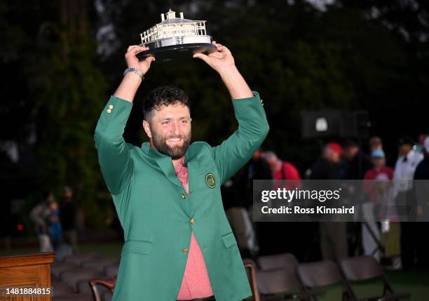 Jon Rahm of Spain poses with the Masters trophy during the Green Jacket Ceremony after winning the 2023 Masters Tournament at Augusta National Golf...