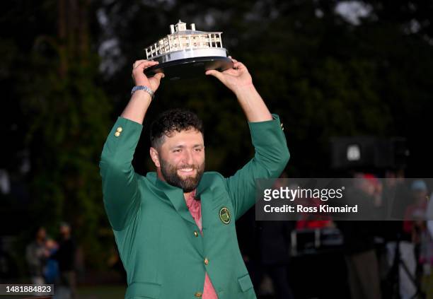 Jon Rahm of Spain poses with the Masters trophy during the Green Jacket Ceremony after winning the 2023 Masters Tournament at Augusta National Golf...