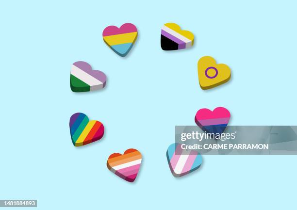 ilustraciones, imágenes clip art, dibujos animados e iconos de stock de amar. corazones con colores lgbt. mes del orgullo. - mes del orgullo lgbt