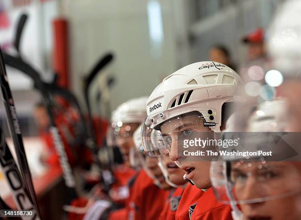 July, 10: Forward Stanislav Galiev takes a break on the bench during a scrimmage as part of the Washington Capitals Player Development Camp at...