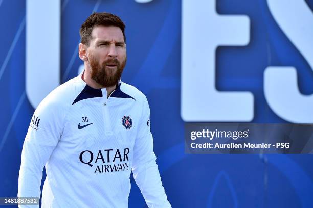 Leo Messi looks on during a Paris Saint-Germain training session on April 13, 2023 in Paris, France.