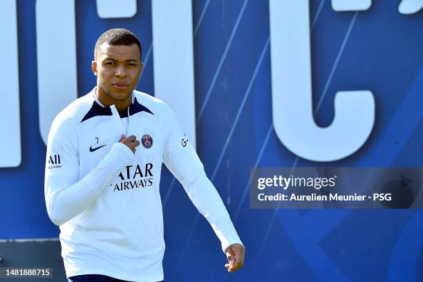 Kylian Mbappe reacts during a Paris Saint-Germain training session on April 13, 2023 in Paris, France.