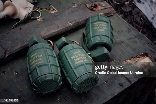 Hand grenades lies on a crate on Lyman direction on April 8, 2023 in Donetsk Oblast, Ukraine. Last February, Russia’s military invaded Ukraine from...