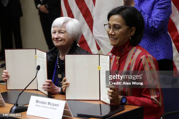 Secretary of the Treasury Janet Yellen and Minister of Finance of Indonesia Sri Mulyani participate in a compact signing ceremony to help fund...