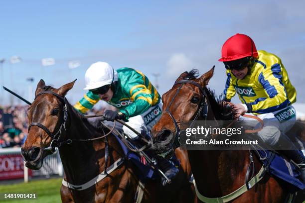 Mark Walsh riding Zenta win The Jewson Anniversary 4-Y-O Juvenile Hurdle at Aintree Racecourse on April 13, 2023 in Liverpool, England.