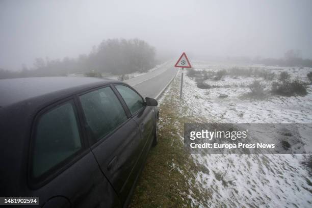 Car drives through the Puerto de Ancares, on 13 April, 2023 in Lugo, Galicia, Spain. The State Meteorological Agency has alerted Thursday to a dozen...
