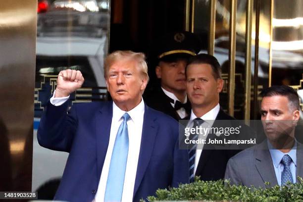 Former U.S. President Donald Trump leaves Trump Tower on April 13, 2023 in New York City. Trump is scheduled to be deposed for a civil lawsuit...