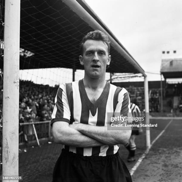 Brentford Football Club full back Tom Wilson during a Division 3 match against Chesterfield, October 4th, 1958. The score was a 1-1 draw.