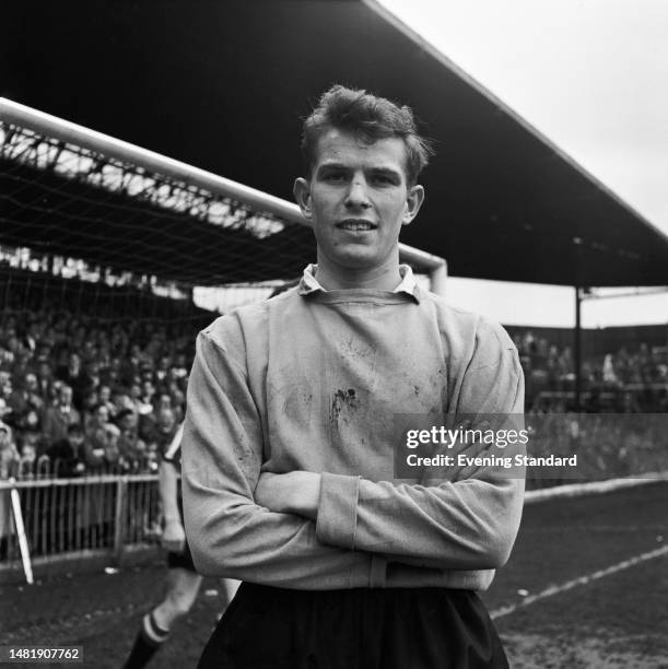 Brentford Football Club goalkeeper Gerry Cakebread during a Division 3 match against Chesterfield, October 4th, 1958. The score was a 1-1 draw.