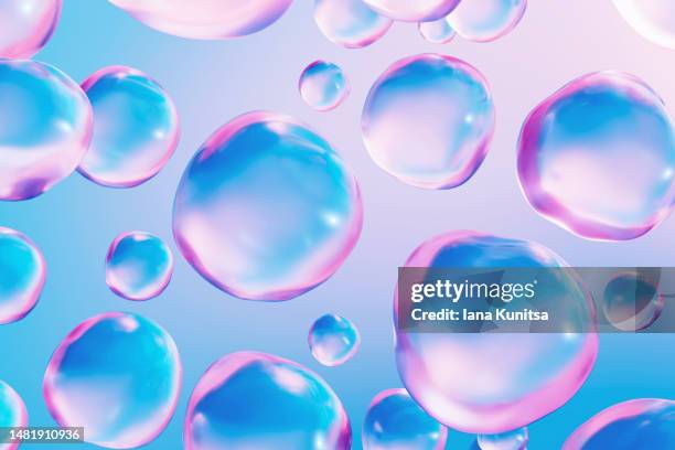 blue and pink molecules, bubbles, drops. 3d pattern. beauty background. healthcare and medicine. - foam material stockfoto's en -beelden