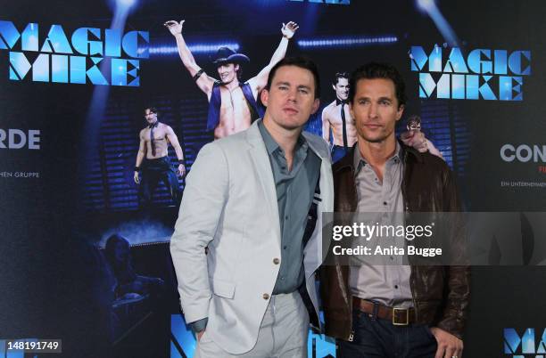 Actors Channing Tatum and Matthew McConaughey attend the "Magic Mike" photocall at Hotel De Rome on July 12, 2012 in Berlin, Germany.