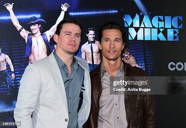 Actors Channing Tatum and Matthew McConaughey attend the "Magic Mike" photocall at Hotel De Rome on July 12, 2012 in Berlin, Germany.