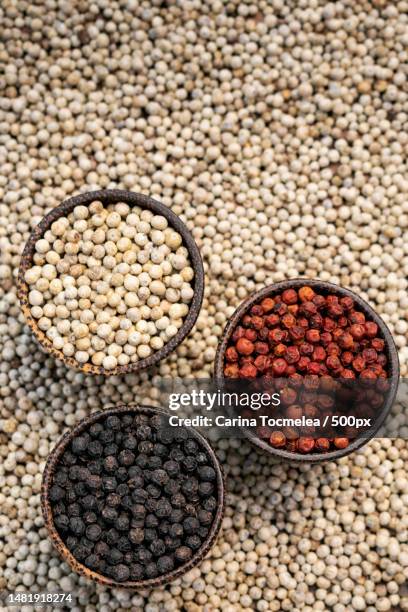 organic white red and black pepper corns in wood display,romania - blad stock pictures, royalty-free photos & images