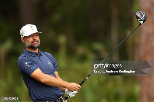 Ryan Moore of the United States watches his shot from the fifth tee during the first round of the RBC Heritage at Harbour Town Golf Links on April...