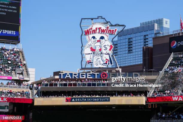 General view of the Minnesota Twins celebration sign during a game against the Houston Astros on April 8, 2023 at Target Field in Minneapolis,...