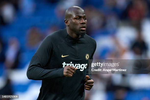 Kalidou Koulibaly of Chelsea FC warms up prior to the UEFA Champions League quarterfinal first leg match between Real Madrid and Chelsea FC at...