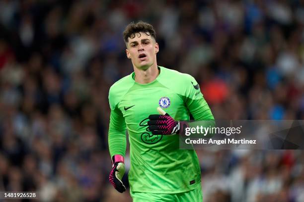 Kepa Arrizabalaga of Chelsea FC looks on during the UEFA Champions League quarterfinal first leg match between Real Madrid and Chelsea FC at Estadio...