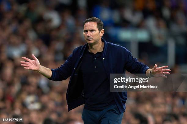 Frank Lampard, Caretaker Manager of Chelsea, reacts during the UEFA Champions League quarterfinal first leg match between Real Madrid and Chelsea FC...