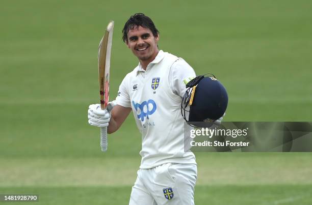 Durham batsman David Bedingham celebrates reaching his century during day one of the LV= Insurance County Championship Division 2 match between...