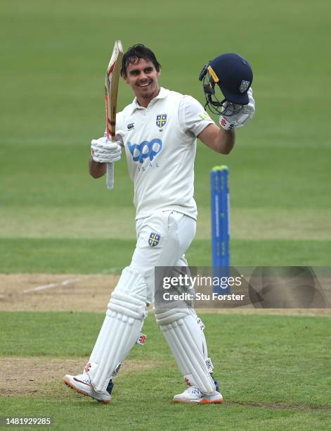 Durham batsman David Bedingham celebrates reaching his century during day one of the LV= Insurance County Championship Division 2 match between...