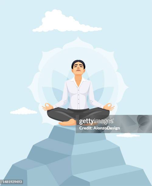 businesswoman practicing yoga and meditates on the mountain. - sunrise yoga stock illustrations