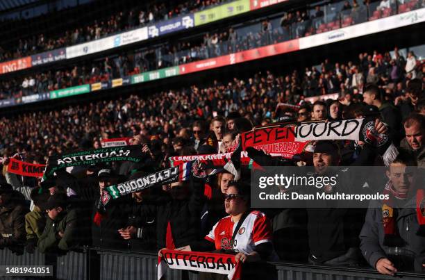 Feyenoord fans show their support from the stands prior to the UEFA Europa League quarterfinal first leg match between Feyenoord and AS Roma at...