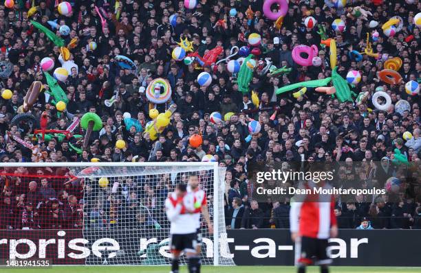 Feyenoord fans enjoy the atmosphere with inflatable items in the stands during the UEFA Europa League quarterfinal first leg match between Feyenoord...