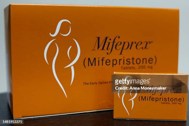 In this photo illustration, packages of Mifepristone tablets are displayed at a family planning clinic on April 13, 2023 in Rockville, Maryland. A...