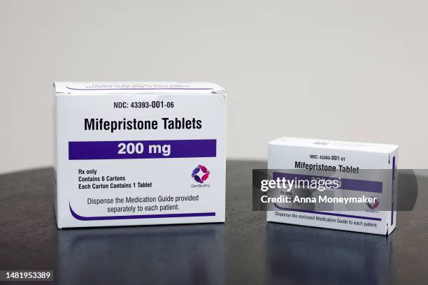 In this photo illustration, packages of Mifepristone tablets are displayed at a family planning clinic on April 13, 2023 in Rockville, Maryland. A...