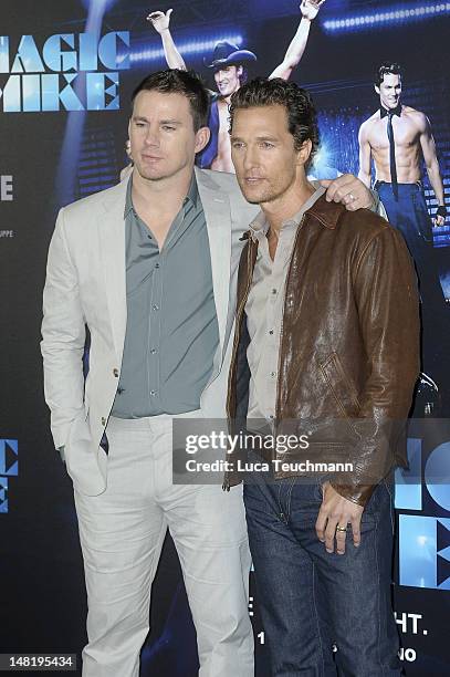 Channing Tatum and Matthew McConaughey attend the 'Magic Mike' photocall at Hotel De Rome on July 12, 2012 in Berlin, Germany.
