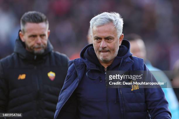 Jose Mourinho, Head Coach of AS Roma, looks on prior to the UEFA Europa League quarterfinal first leg match between Feyenoord and AS Roma at...