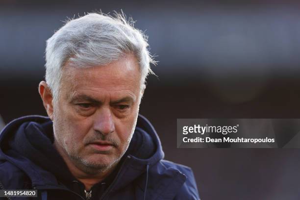 Jose Mourinho, Head Coach of AS Roma, looks on prior to the UEFA Europa League quarterfinal first leg match between Feyenoord and AS Roma at...