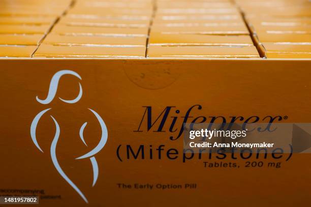 In this photo illustration, packages of Mifepristone tablets are displayed at a family planning clinic on April 13, 2023 in Rockville, Maryland. A...