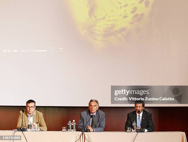 Olivier Pere, Marco Solari, Massmo Baggi attend the 65th Festival del Film di Locarno on July 12, 2012 in Milan, Italy.